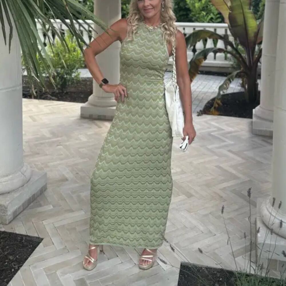 Devon Windsor Green Zigzag Knit Maxi Dress SMALL Tank Vacation Designer $345 - Picture 7 of 14